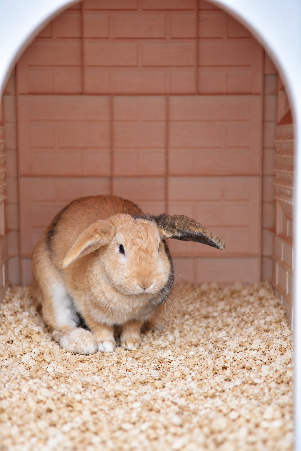 Tan lop-eared rescue rabbit resting on fresh wood shavings